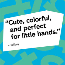 Quote card: “Cute, colorful, and perfect for little hands” by Tiffany