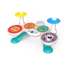 Wooden toddler drum toy with colorful animal drumheads, blue and teal bases, light tops