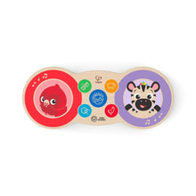 Two-drum music toy with red and purple animal panels and colorful icon buttons