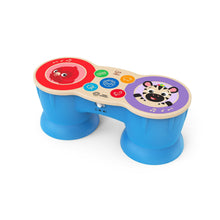 Blue wooden baby drum set with two round drums and animal face sound buttons