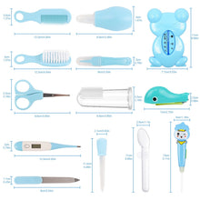 Blue baby grooming tool set size diagram with comb, brush, scissors and clippers