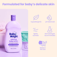 Lavender chamomile calming baby lotion bottle with hypoallergenic, pH-balanced icons