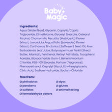 Lavender chamomile baby lotion ingredient label on a purple circular panel