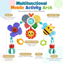 Multifunction activity arch mobile with spinning parts, crinkle paper, and teether