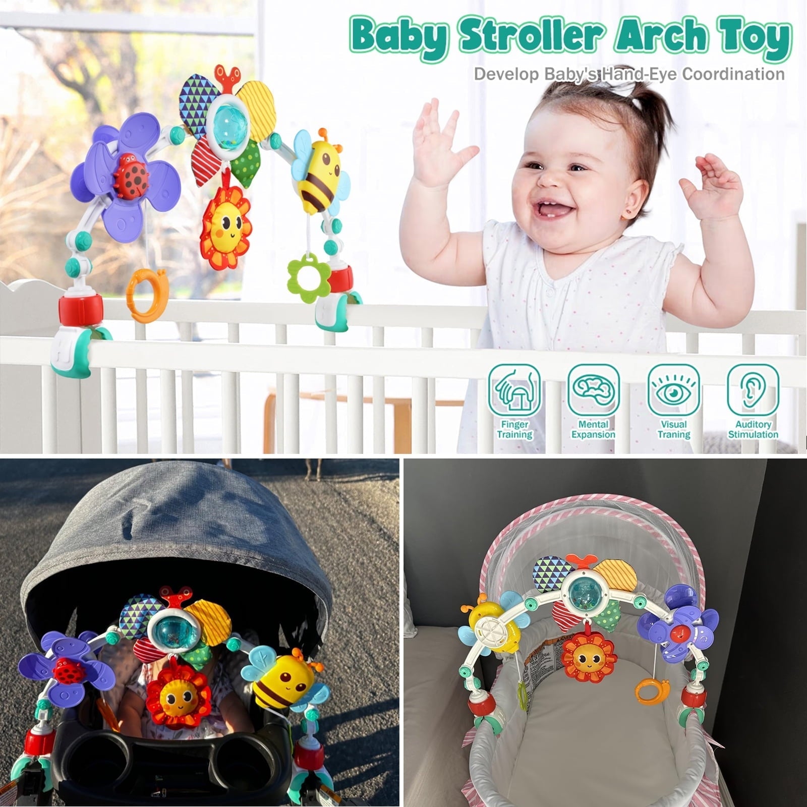 Baby Mobile Toys with Sensory Play, Activity Baby Stroller Arch Toys, Adjustable Crib Mobile for Bassinet, Travel Car Seat Toys for Toddler Boy Girl Newborn 0-24 Months