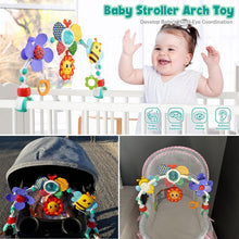 Baby stroller arch toy with lighted round center and colorful animal and flower charms