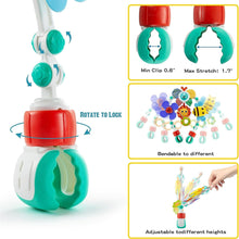 Baby activity arch mobile with clip clamps, stretch joints, and flexible hanging bar