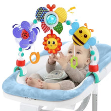 Baby stroller arch mobile with colorful bee, lion, and flower hanging sensory toys