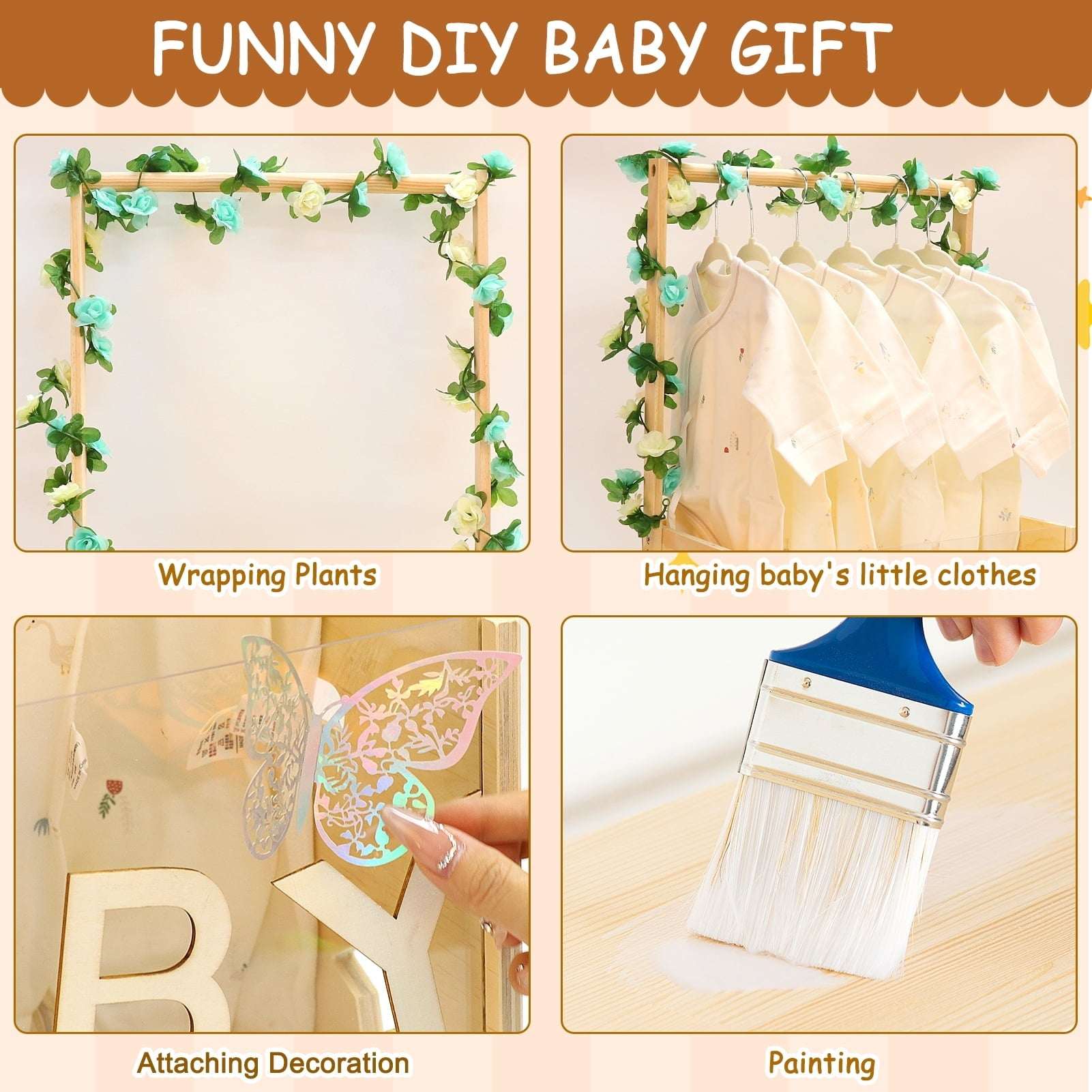 Baby Shower Crate Closet with Acrylic Clear Front Panel, Wood Shower Basket with Handle, Perfect Storage Crate for New Baby Gift