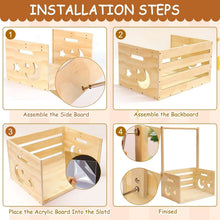 Wood baby shower crate closet with clear acrylic front panel during assembly