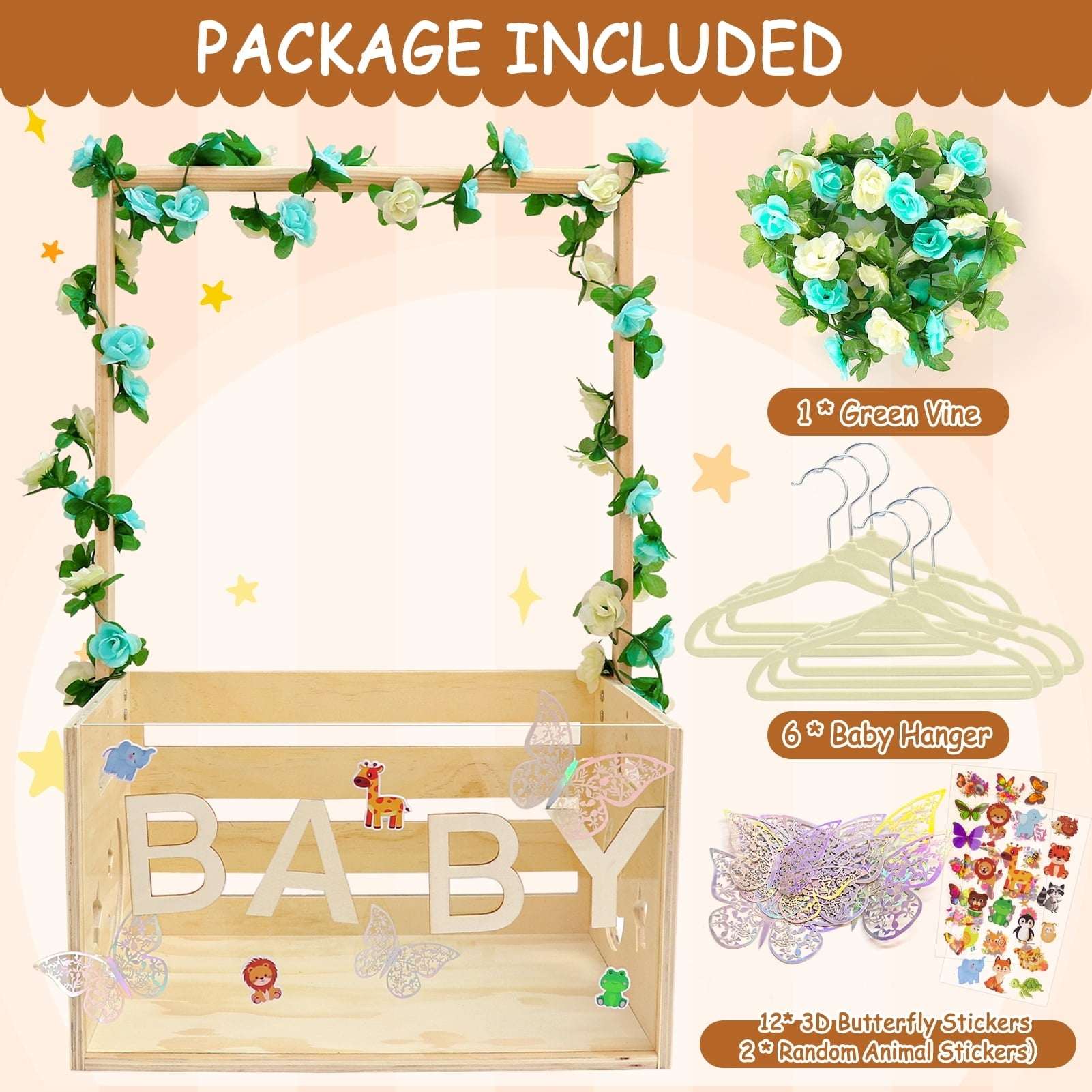 Baby Shower Crate Closet with Acrylic Clear Front Panel, Wood Shower Basket with Handle, Perfect Storage Crate for New Baby Gift