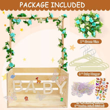 Wood baby shower crate closet with clear front panel and green vine garland