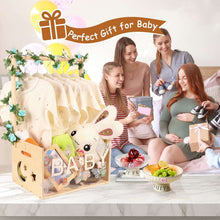 Wood baby shower crate closet with clear front panel, hanging onesies and teddy decor