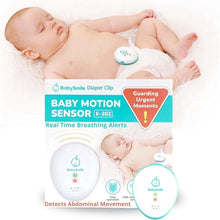 Baby motion breathing sensor retail package with white sensor and baby shown