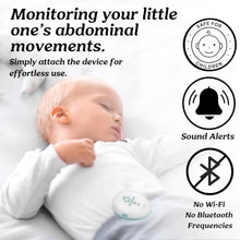 Baby motion sensor attached near baby’s abdomen with sound alerts and no Bluetooth icons