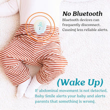 Baby motion sensor clipped on baby’s striped pajamas with no Bluetooth icons