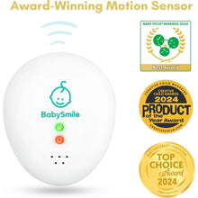 Baby motion breathing sensor with indicator lights glowing on a white device