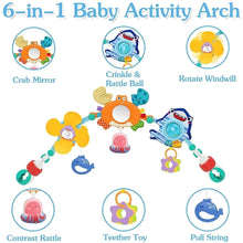 6-in-1 baby activity arch featuring crinkle mirror, rattle ball, and windmill