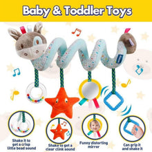 Baby stroller activity toy with plush bunny, star rattle, and hanging rings with music icons