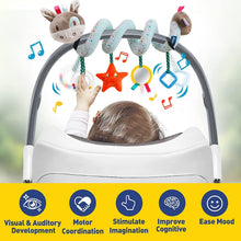 Baby stroller activity toy spiral with plush bunny, star rattle, and mirror ring