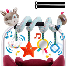 Baby stroller activity toy spiral with plush bunny, star rattle, and teether rings