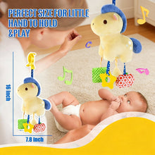 Plush hanging baby bird toy with blue cord and colorful patterned blocks for play