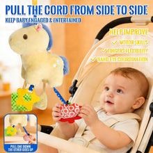Plush hanging baby bird toy with patterned cubes on a blue cord for grasping