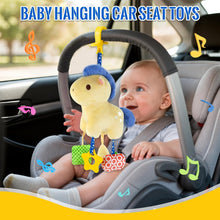 Hanging plush baby car seat toy with yellow and blue bird and colorful dangling pieces