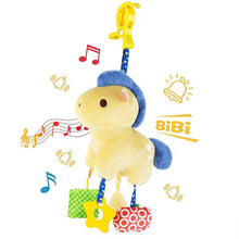 Blue and yellow hanging baby plush toy with bird figure and dangling fabric tags