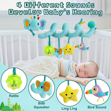 Plush baby spiral hanging toy with rattle, squeaker star and bird sound pieces
