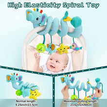 Plush baby spiral hanging toy with elephant figure and dangling star, bird and rattle
