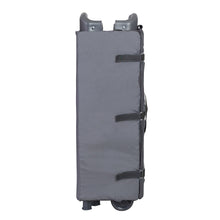 Gray fabric organizer with pockets and clips for a baby playard
