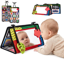 Foldable baby tummy time mirror toy with black and white panels and red teether