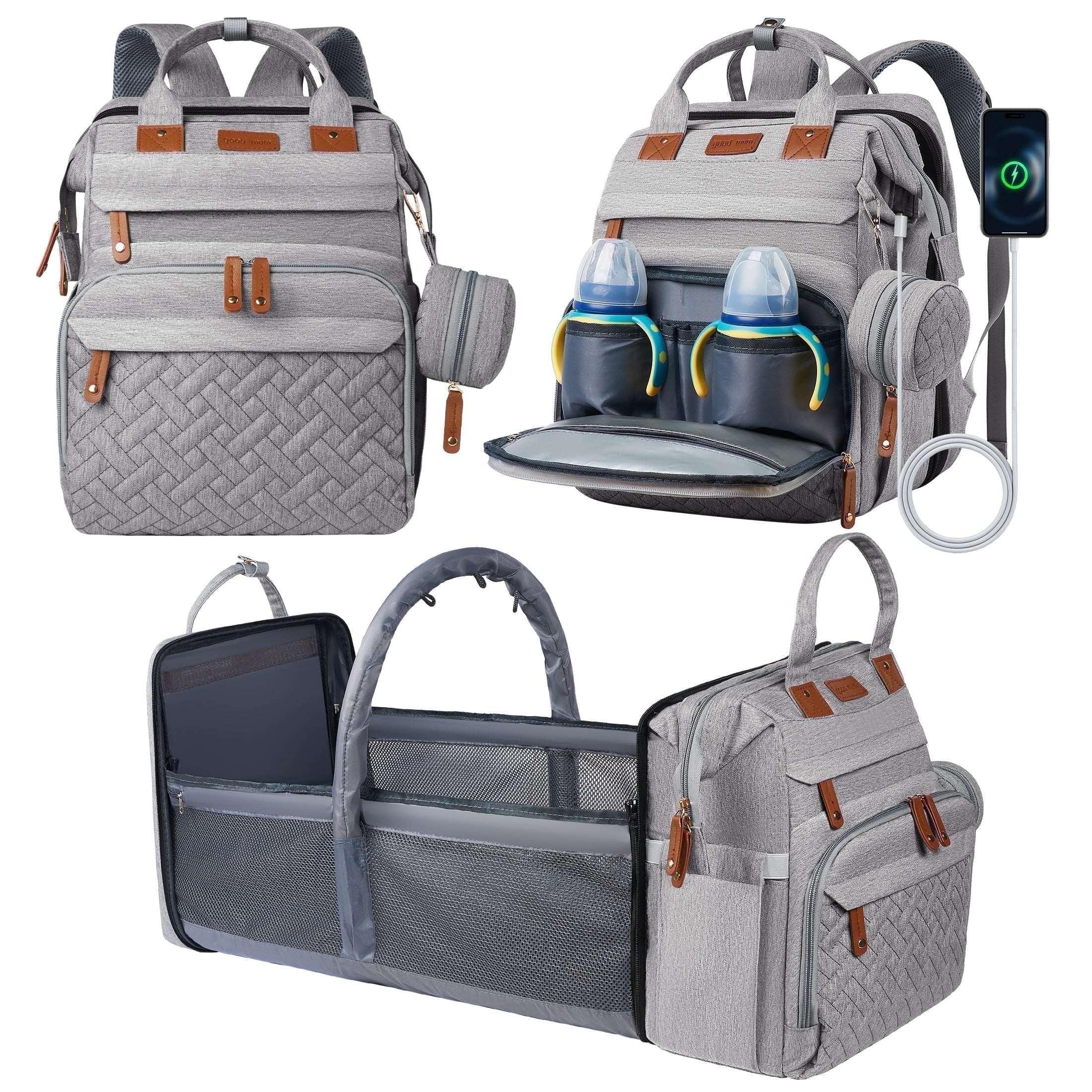 Babyomi Diaper Backpack with Changing Station, Foldable Crib, Insulated Pocket & USB Port, Large Travel Bag for Moms and Dads, Grey - USA MEGA SHOP