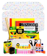 School supply box kit with crayons, markers, scissors, glue sticks, and composition book