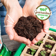 Hands holding dark seed starting soil mix over small seedling pots