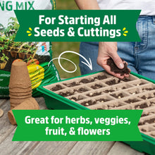 Seed starting mix bag with soil tray and hand pressing soil into seed cells