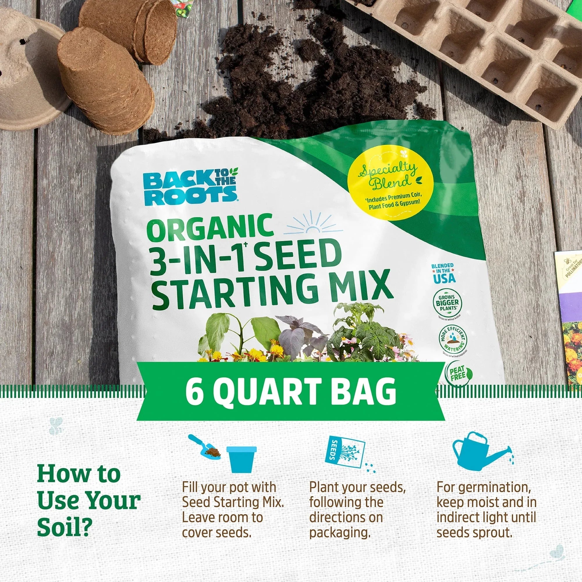 Back to the Roots Natural and Organic 3-in-1 Seed Starting Mix, Premium Blend Soil, 6qt