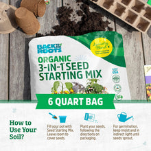 Organic 3-in-1 seed starting mix 6 quart bag with planting instructions