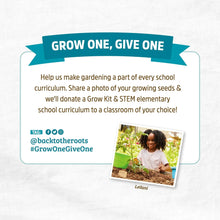 Grow one, give one gardening donation card with a photo of planting and participants
