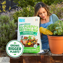 Organic potting mix bag held by a gardener with natural and organic all-purpose label.