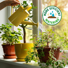 Organic potting mix packaging badge reading more efficient watering.