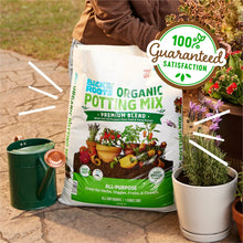 Organic potting mix bag with 100% satisfaction guarantee badge and all-purpose premium label.