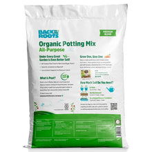 Organic potting mix bag back panel with all-purpose information and ingredient details.