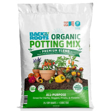 Organic potting mix bag with all-purpose premium blend label in white and green.