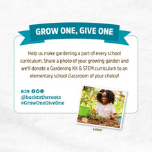 Garden soil bag back panel with Grow One, Give One donation message