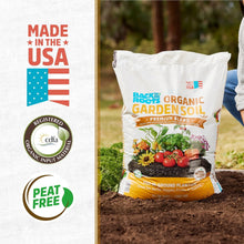 Organic garden soil bag outdoors with Made in USA and organic input icons