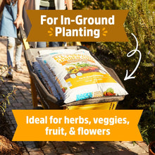 Garden soil bag in a cart labeled for in-ground planting