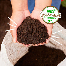 Hands holding dark garden soil in open palms with 100% satisfaction seal