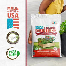 Organic raised bed mix soil bag held by person, with Made in USA and peat-free badges